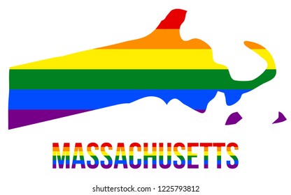 Massachusetts State Map in LGBT Rainbow Flag Comprised Six Stripes With Massachusetts LGBT Text. Flag Comprised Six Stripes; Each Colors Meaning: Life, Healing, Sunlight, Nature, Serenity and Spirit.
