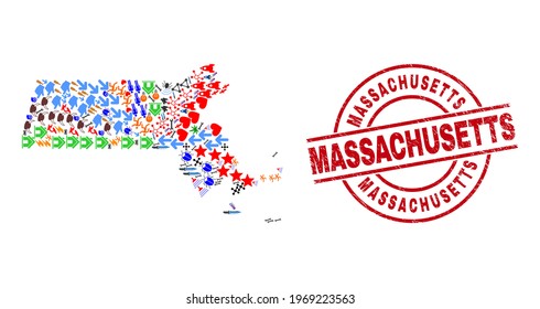 Massachusetts State map mosaic and textured Massachusetts red round stamp imitation. Massachusetts badge uses vector lines and arcs. Massachusetts State map mosaic includes helmets, homes,