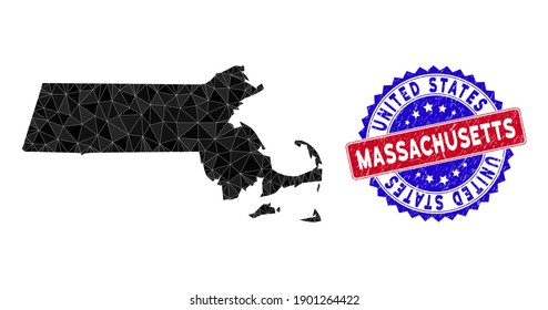 Mapa de malla poligonal del estado de Massachusetts con triángulos rellenos y marca de agua bicolor de goma. Mosaico triangular Mapa estatal de Massachusetts con modelo vectorial de malla, los triángulos tienen tamaños variables,