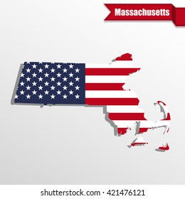 Massachusetts  State map with US flag inside and ribbon