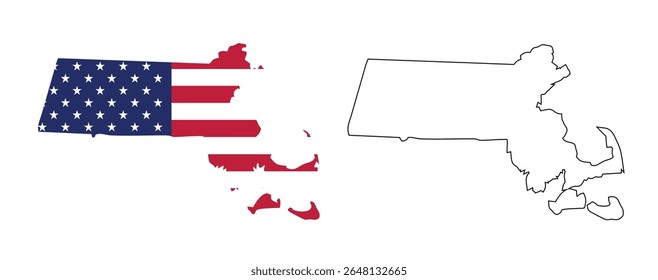 Massachusetts state map with USA flat design and black outline. Patriotic and educational vector perfect for presentation, learning, or design projects.