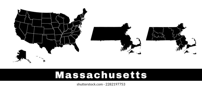 Massachusetts state map, USA. Set of Massachusetts maps with outline border, counties and US states map. Black and white color vector illustration.