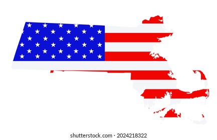 Massachusetts state map vector silhouette illustration. United States of America flag over Massachusetts map. USA, American national symbol of pride and patriotism. Vote election campaign banner.