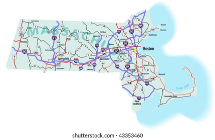 Massachusetts state road map with Interstates, U.S. Highways and state roads. All elements on separate layers for easy editing.