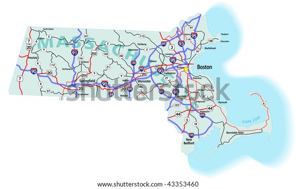 Massachusetts State Road Map Interstates Us Stock Vector Royalty Free   Massachusetts State Road Map Interstates 600w 43353460 