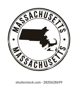 Massachusetts state silhouette within a circular stamp black on white