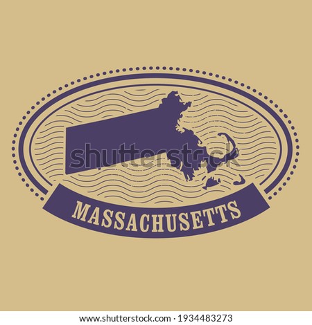 Massachusetts state stamp with map silhouette, vector 