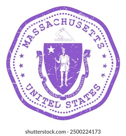 Sello del estado de Massachusetts con sello, sello de viaje de EE. UU., matasellos en mal estado de Massachusetts, Vector