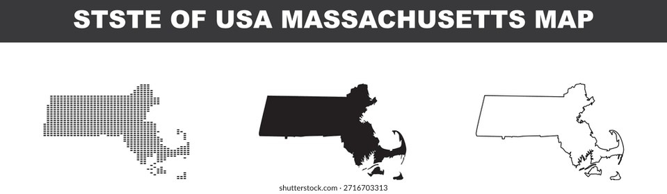 Massachusetts state USA map in different styles for graphic design various map styles