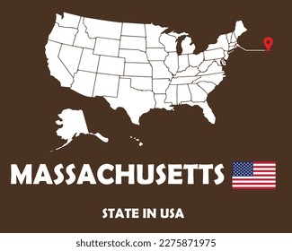 Massachusetts state of USA text design with America flag and white silhouette map.