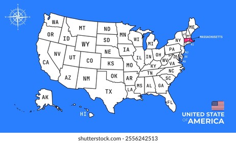 Massachusetts State, USA, vector map isolated on United states map.