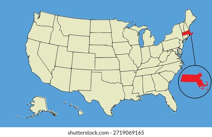 Estado de Massachusetts, EE.UU., mapa de Vector aislado en el mapa de Estados Unidos. Alta ilustración detallada. Estilo plano. Ilustración vectorial