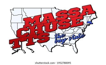 massachusetts state. Vector illustration with US massachusetts state on american map with lettering. Touristic Greeting Card isolated on white