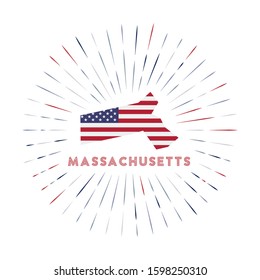Massachusetts sunburst badge. The US state sign with a map of Massachusetts and the American flag. Colorful rays around the logo. Vector illustration.