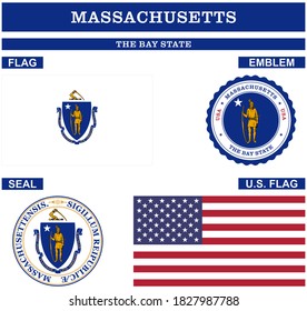 Massachusetts Symbol collection with flag, seal, US flag and emblem as vector.