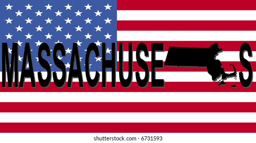 Massachusetts text with map on American flag illustration