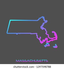 Massachusetts turquoise pink fluid gradient outline map, stroke. Line style. Vector illustration