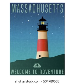 Massachusetts, United States travel poster or luggage sticker. Scenic illustration of a lighthouse on Nantucket Island at night with starry sky. svg