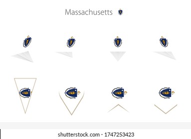 Colección de la bandera del estado de Massachusetts, ocho versiones de banderas vectoriales de Massachusetts. Ilustración vectorial.