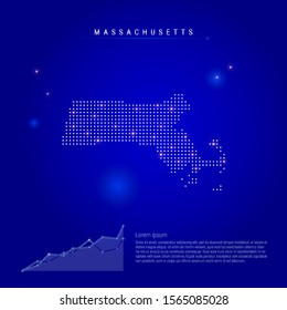 Massachusetts US state illuminated map with glowing dots. Infographics elements. Dark blue space background. Vector illustration. Growing chart, lorem ipsum text.