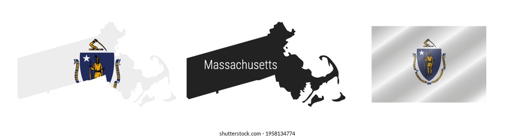 Massachusetts US state map with masked flag. Detailed silhouette. Waving flag. Vector illustration isolated on white.