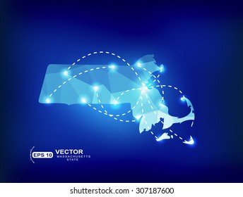 Massachusetts US state map polygonal with spot lights places