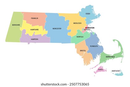 Massachusetts, U.S. state, multi colored political map with borders, county names and capital Boston. State in the New England region of the Northeastern United States, subdivided into 14 counties.