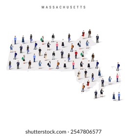 Massachusetts US state population map. Large group of realistic a diverse crowd of people figures. Flat vector illustration isolated on white.