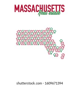 Massachusetts US state realty creative concept. Icons of houses with gardens in the shape of a map of Massachusetts. Vector illustration.