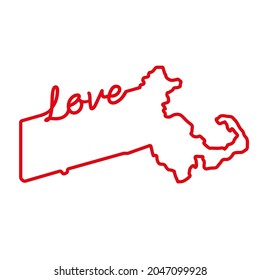 Massachusetts US state red outline map with the handwritten LOVE word. Continuous line drawing of patriotic home sign. A love for a small homeland. Interior decoration idea. Vector illustration.