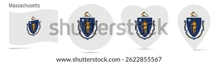 Massachusetts US state waving flag, round circle sticker badge, heart shaped icon, map pin. Flag buttons of different shapes. Vector illustration isolated on white.