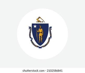 Bandera del estado redonda de los Estados Unidos en Massachusetts. MA, Bandera Círculo Estadounidense. Estado de Massachusetts, Banner de botón de forma circular de los Estados Unidos de América. Ilustración del vector EPS.