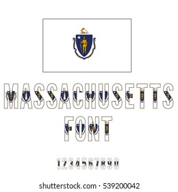 Massachusetts USA state flag font. Numbers and symbols stylized by state flag. Vector typeset