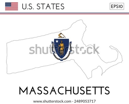 Massachusetts USA state map shape with flag. Map of Massachusetts in the Massachusetts flag colors. Outline map filled with its flag colors. Vector illustration.