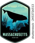 Massachusetts vector label with Right Whale and Truro Cape Cod Highland Lighthouse