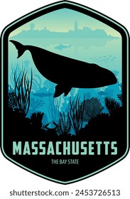 Massachusetts Vektorgrafik Label mit Rechtswal und Truro Cape Cod Highland Lighthouse