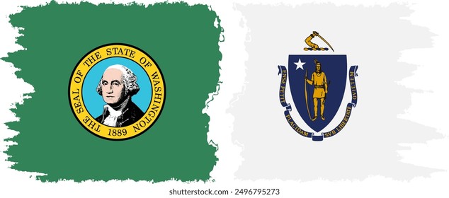 Massachusetts and Washington states grunge brush flags connection, vector