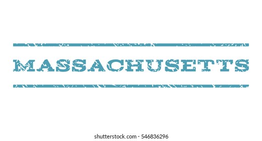 Massachusetts watermark stamp. Text caption between horizontal parallel lines with grunge design style. Rubber seal stamp with scratched texture. Vector cyan color ink imprint on a white background.