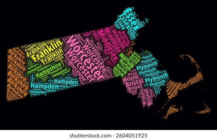Massachusetts word cloud. Bright neon style design on dark background. Region names text cloud. Boundary shape with administrative division. Vibrant vector illustration.