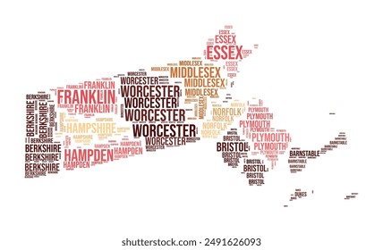 Massachusetts Word Cloud. State shape with county division. Massachusetts typography style image. County names tag clouds. Vector illustration.