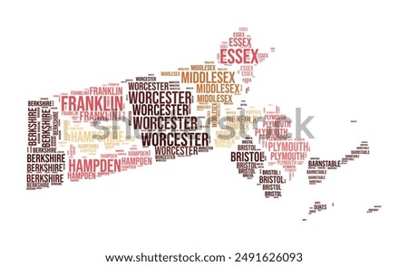 Massachusetts Word Cloud. State shape with county division. Massachusetts typography style image. County names tag clouds. Vector illustration.