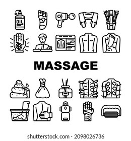 Massage Accessories And Treatment Icons Set Vector. Shiatsu Massage Physiotherapy And Acupuncture, Water And Stone For Massaging, Masseur Business And Occupation Black Contour Illustrations