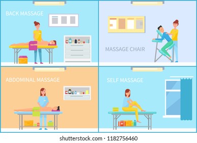 Massage back and abdominal, self on couch, with apparatus and sitting on armchair. Salon interior with equipment and furniture cartoon vector set