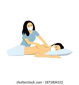 Massage of the back with respiratory, wellness service, people wearing medical masks. Flat design vector illustration. Young woman with face mask getting a massage, prevention