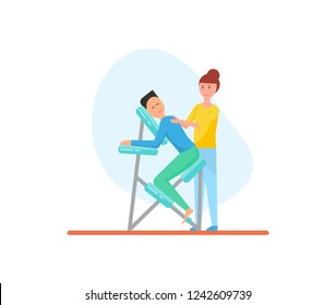 Massage of back using special chair for better relaxation isolated icon vector. Masseuse with male client suffering from pain and ache, treatment care