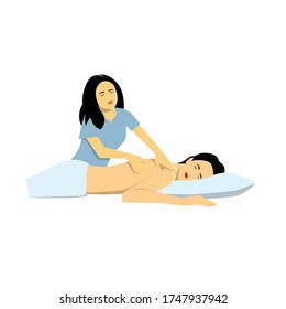 Massage of the back, wellness service. Flat design vector illustration. Young woman getting a massage