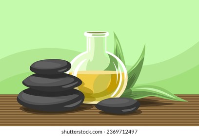 Massage at a beauty spa. Stones, massage oil in a bottle. Vector illustration - Shutterstock ID 2369712497