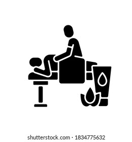 Massage black glyph icon. Spa center. Massage therapy. Wellness studio. Therapist. Traditional thai and indian treatment. Silhouette symbol on white space. Vector isolated illustration