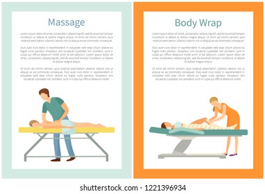 Massage and body wrap procedures done by professional masseur and client lying on table and relaxing vector with text. Beauty salon services for people