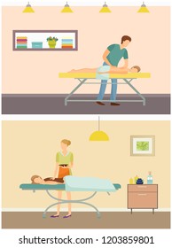 Massage by masseur and chocolate spa treatment of back skin set vector. Beauty salon and industry with professional workers and clients, aroma candle.